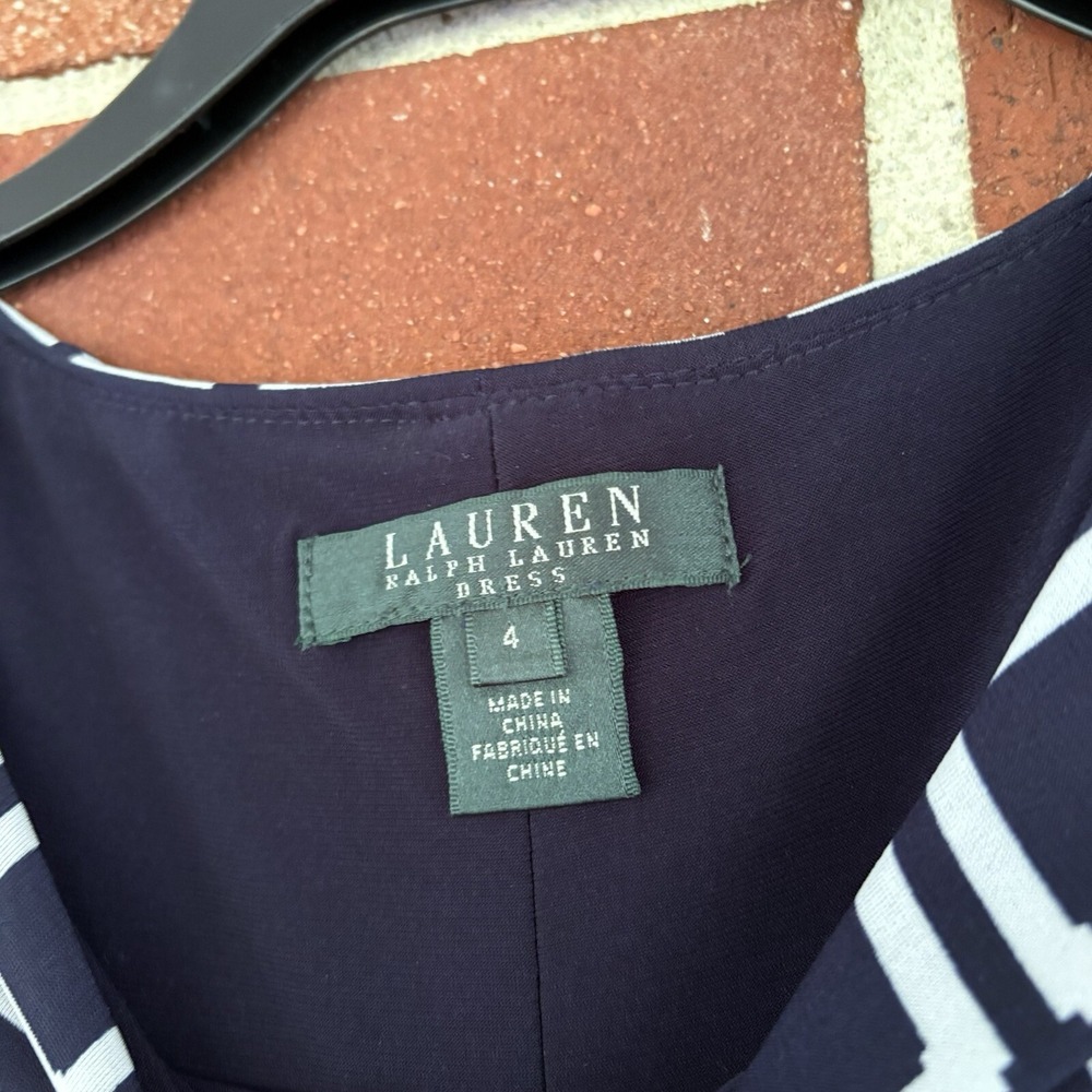 Lauren Ralph Lauren Dark Blue White Square Geometric Ruched Dress Sz 4 A2539 - Picture 4 of 5